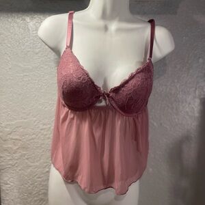 Lace-Trim Pink Babydoll Chemise with Sheer Skirt